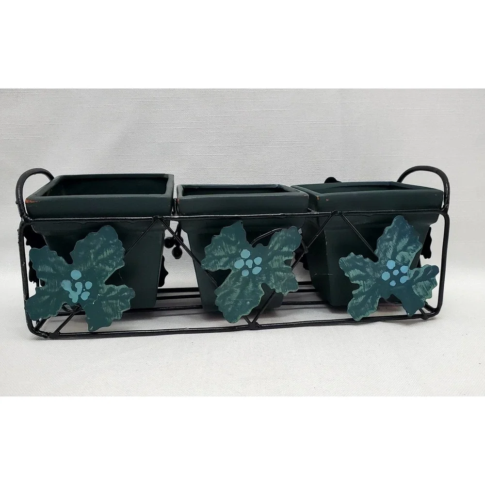 Vintage Square 3 Green Clay Pots With Metal Ivy‎ Leaves Planter Rack 11